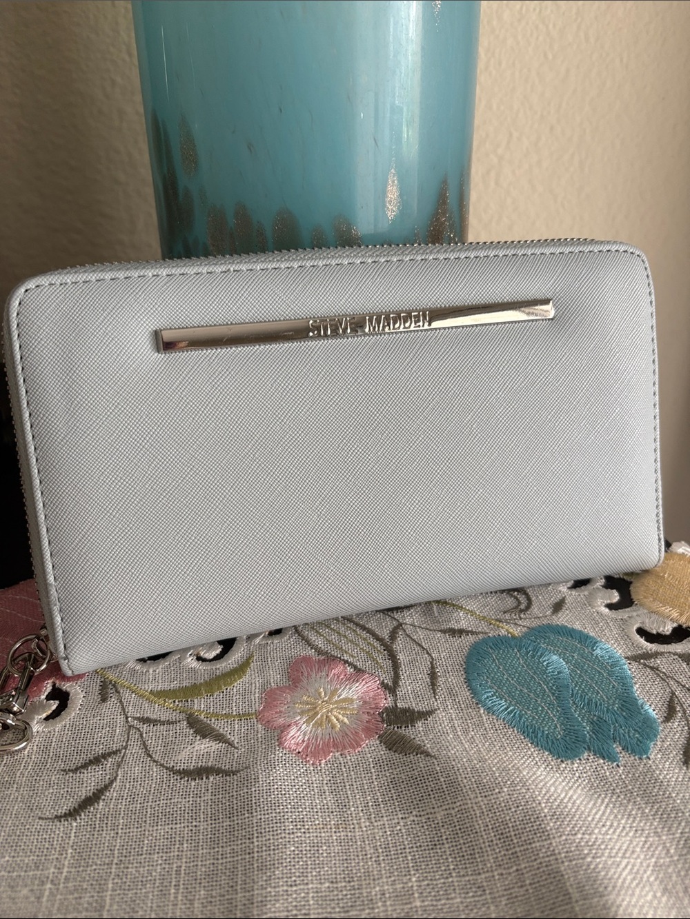 Steve Madden Pale Blue Zip Wallet with Metal Logo Bar